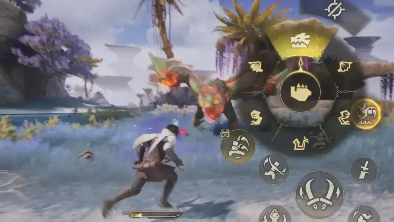 Pre-launch combat with a radial selector displaying monster body-part icons