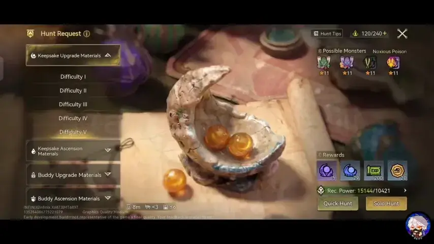 Closed-beta Hunt Request menu showing material categories, possible monsters and reward quantities