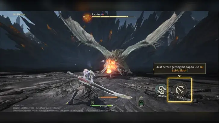 Rathian breathing fire in a closed-beta Monster Hunter Outlanders hunt with the monster name visible