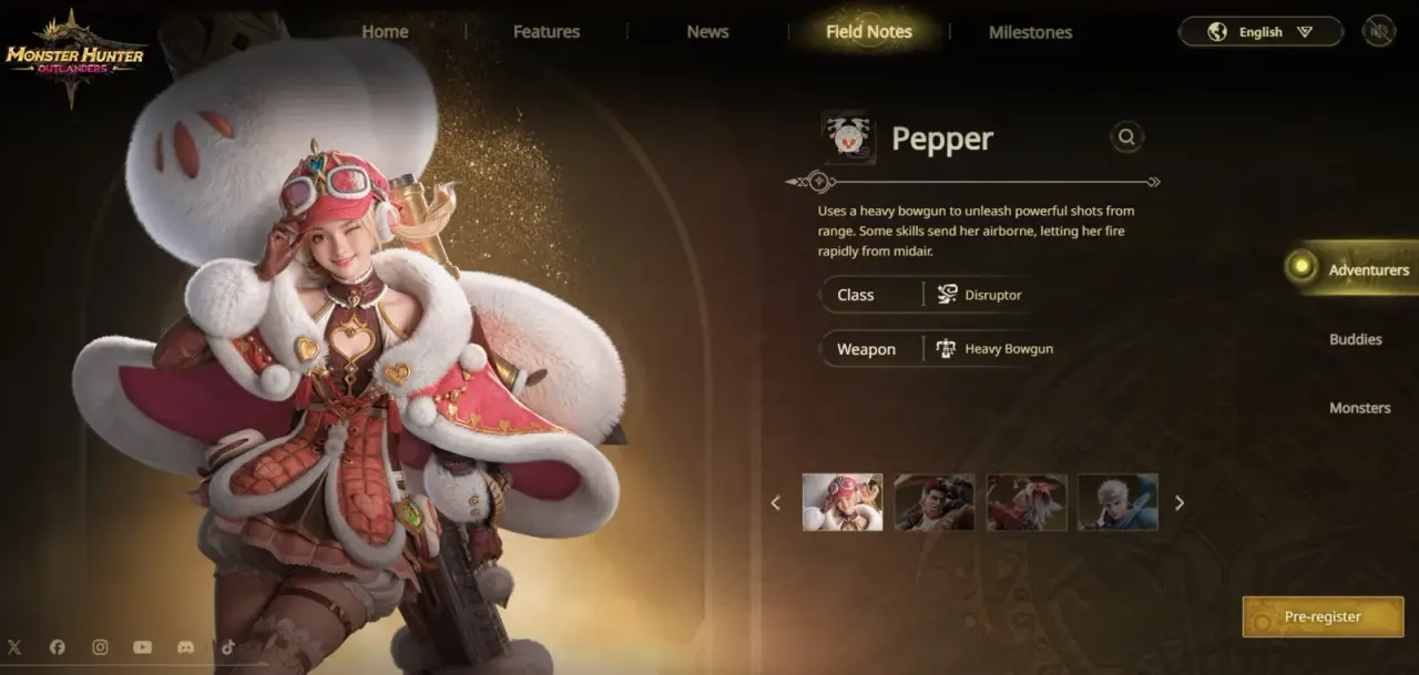 Monster Hunter Outlanders website profile identifying Pepper as a Disruptor Heavy Bowgun Adventurer