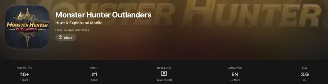 Monster Hunter Outlanders App Store listing showing the title and Level Infinite developer