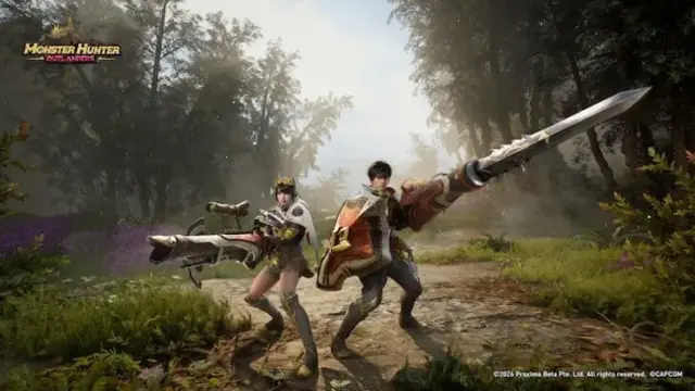 Monster Hunter Outlanders promotional artwork showing Lance and Heavy Bowgun equipment