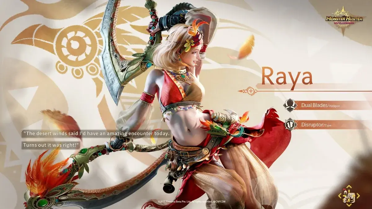 Raya posing with her Dual Blades in Monster Hunter Outlanders