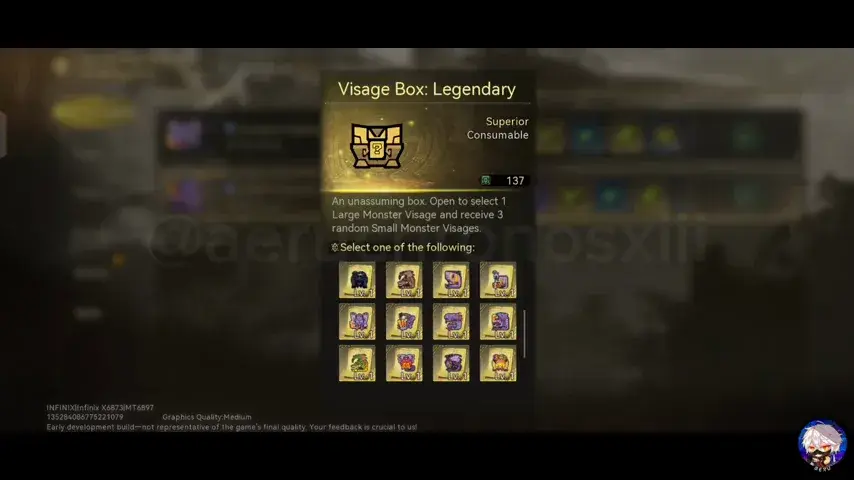 Legendary Visage selection-box description showing selectable Large Monster Visages