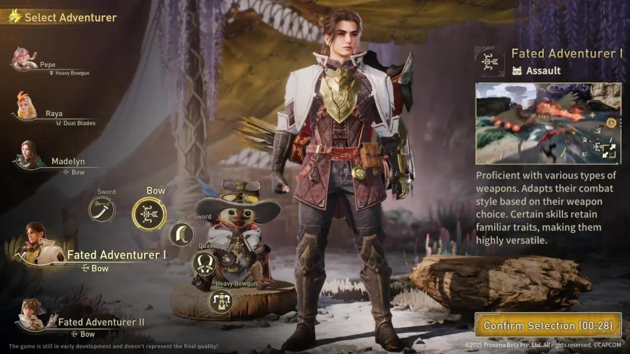Outlanders character selection with the Fated Adventurer and named Adventurers assigned to different weapons