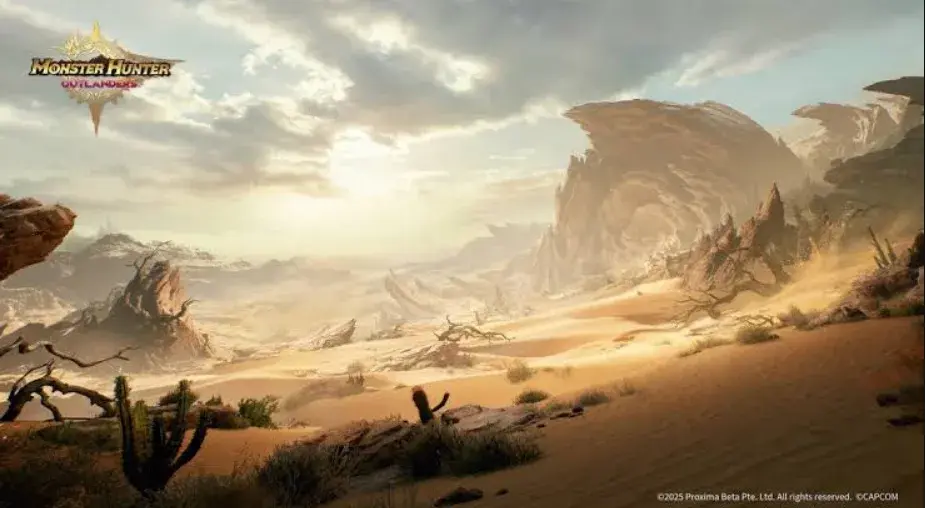 Monster Hunter Outlanders Searing Plains desert with rolling dunes, exposed rock formations and oasis terrain