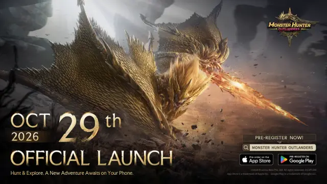 Official Monster Hunter Outlanders launch poster promoting App Store and Google Play