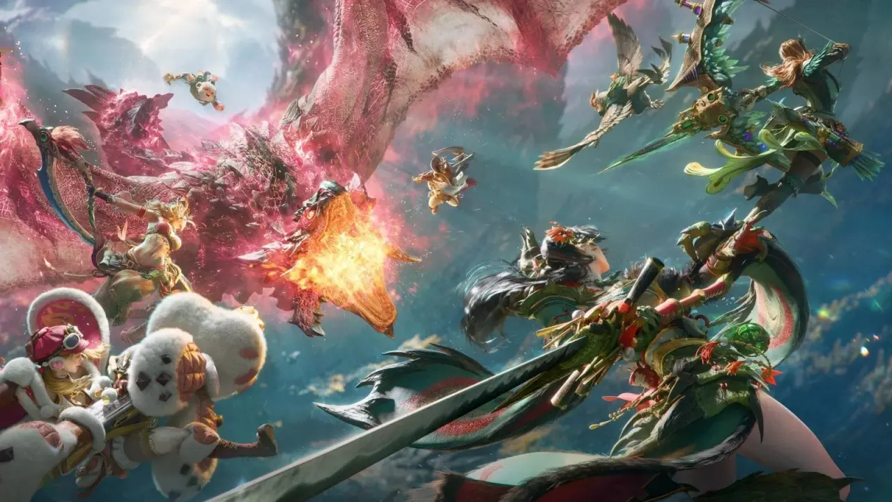 Promotional illustration of hunters confronting a Radiant Rathalos in Monster Hunter Outlanders