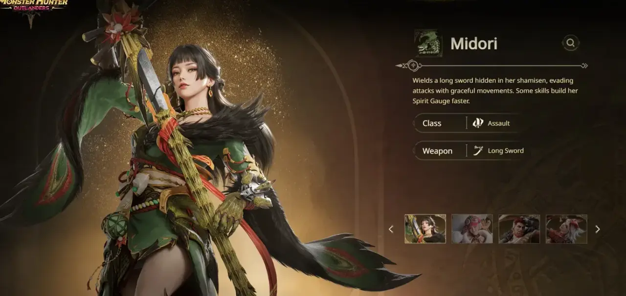Midori’s official character description identifying her Long Sword and Spirit Gauge