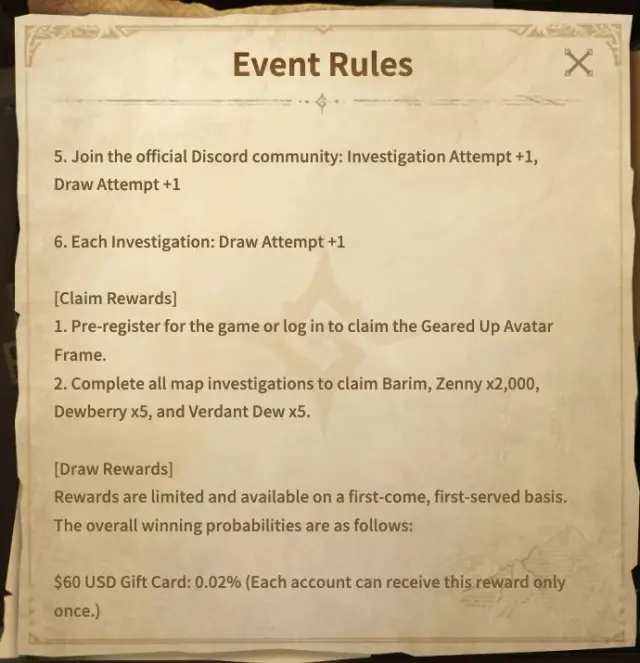 Official Buddy Squad rules listing Barim and the rewards for completing all map investigations