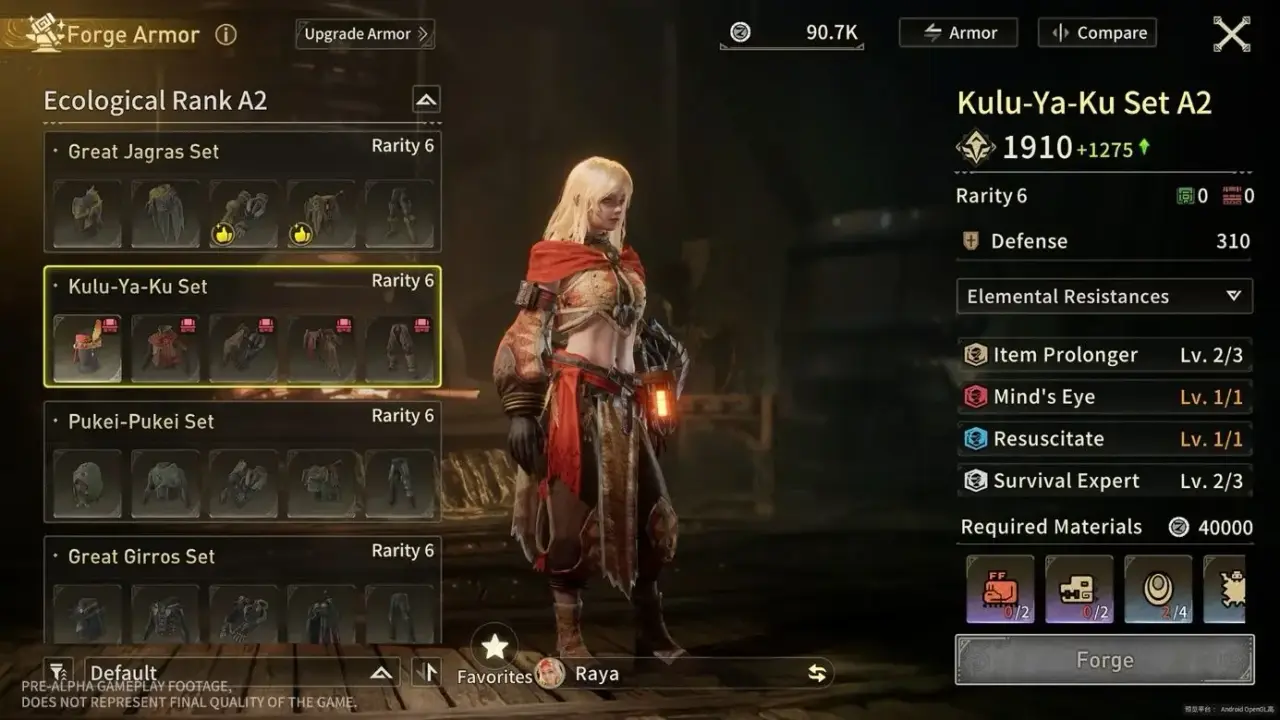 Outlanders armor forge showing Kulu-Ya-Ku Set A2 stats, skills, materials and forging controls