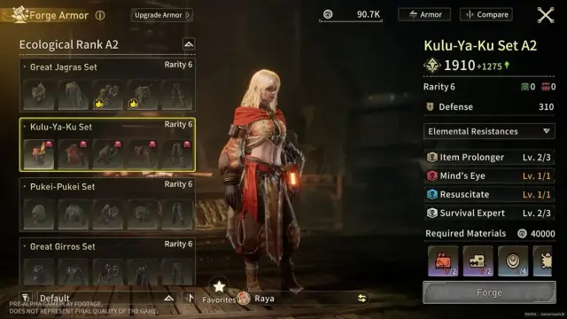 Outlanders armor forge showing Kulu-Ya-Ku Set A2 stats, skills, materials and forging controls
