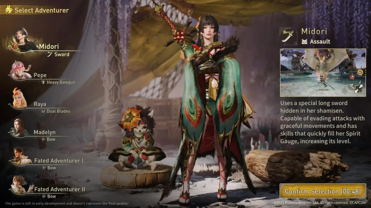 Early-development Midori selection screen identifying her Long Sword and Spirit Gauge