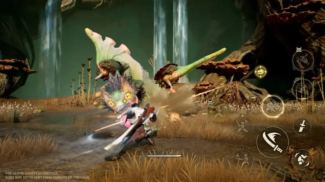 Monster Hunter Outlanders hunter using dual blades against a monster with touch controls visible