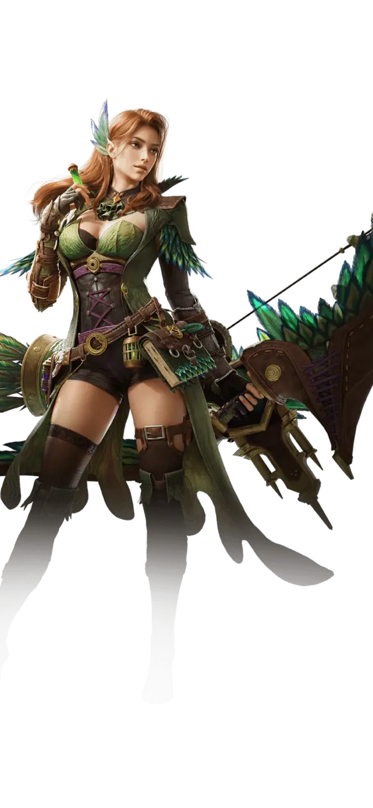 Madelyn in green-and-brown gear holding her feathered Bow