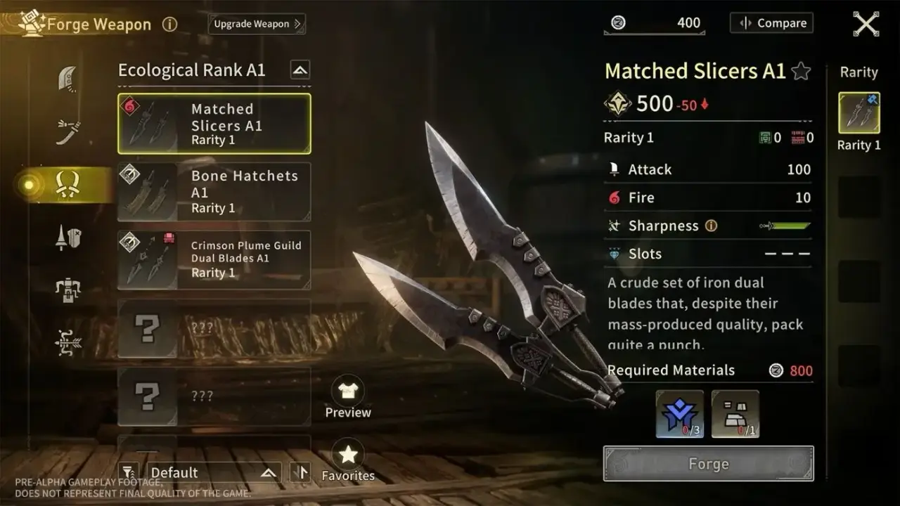 Monster Hunter Outlanders weapon forge interface showing weapon stats and crafting details