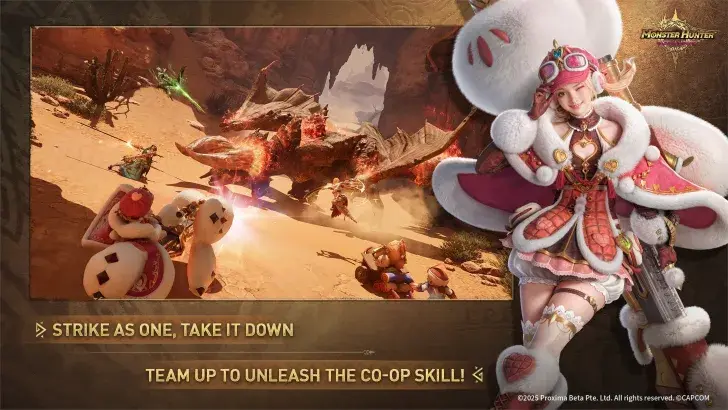 Early Monster Hunter Outlanders co-op skill illustration showing four hunters attacking a wyvern