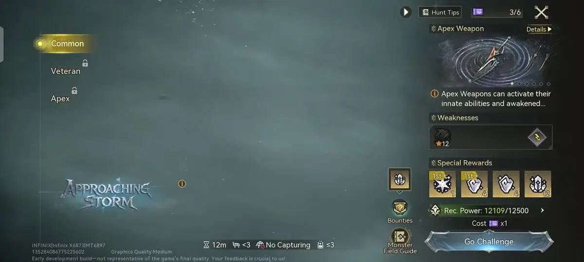 Early-development Approaching Storm challenge menu showing Apex Weapon Details and separate difficulty choices