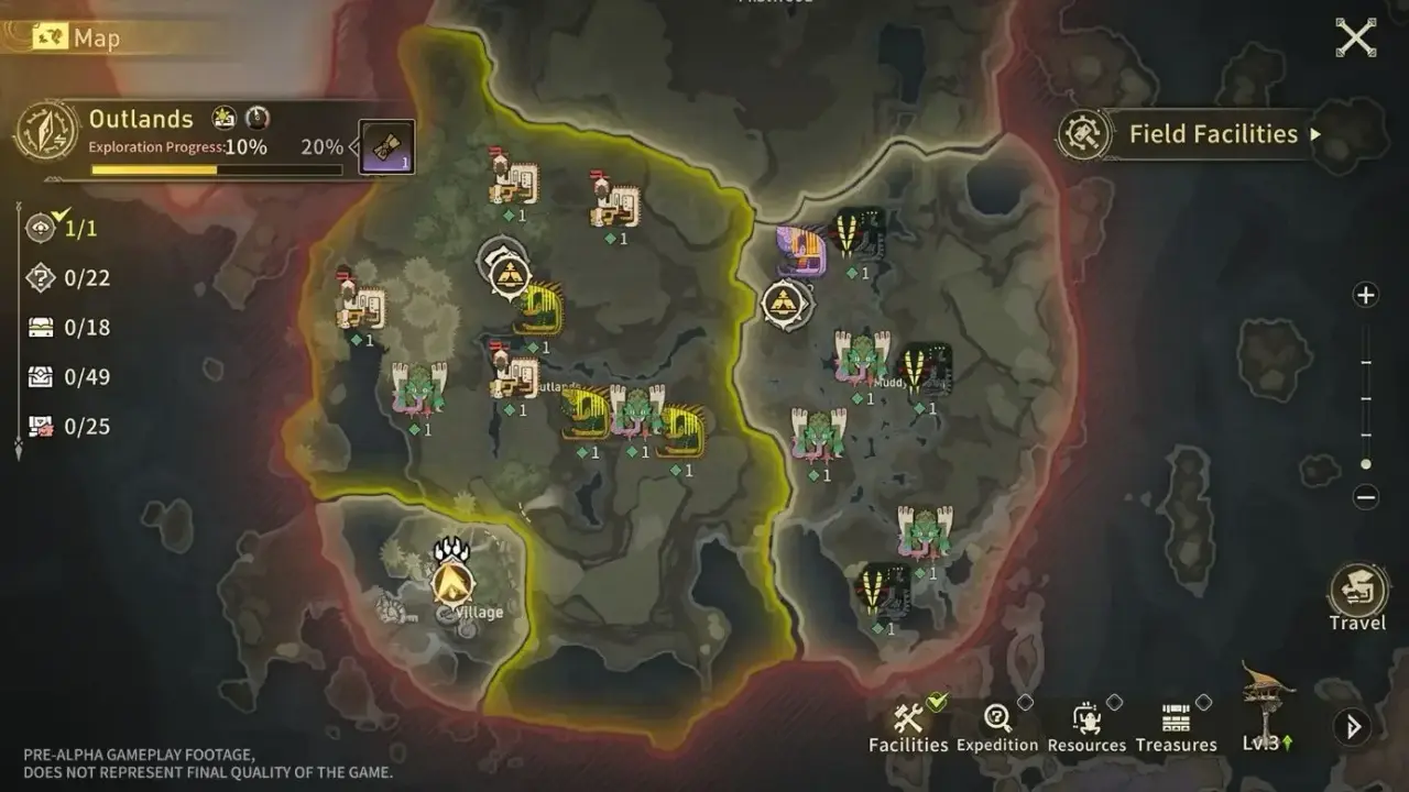 Pre-alpha Outlands map with field-facility icons, Resources and Treasures categories